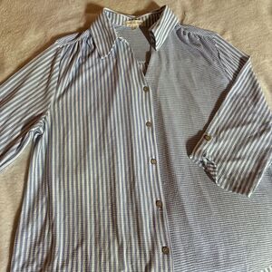 Joie De Vivre Blouse Striped Button Up Collar Size XL Blue White